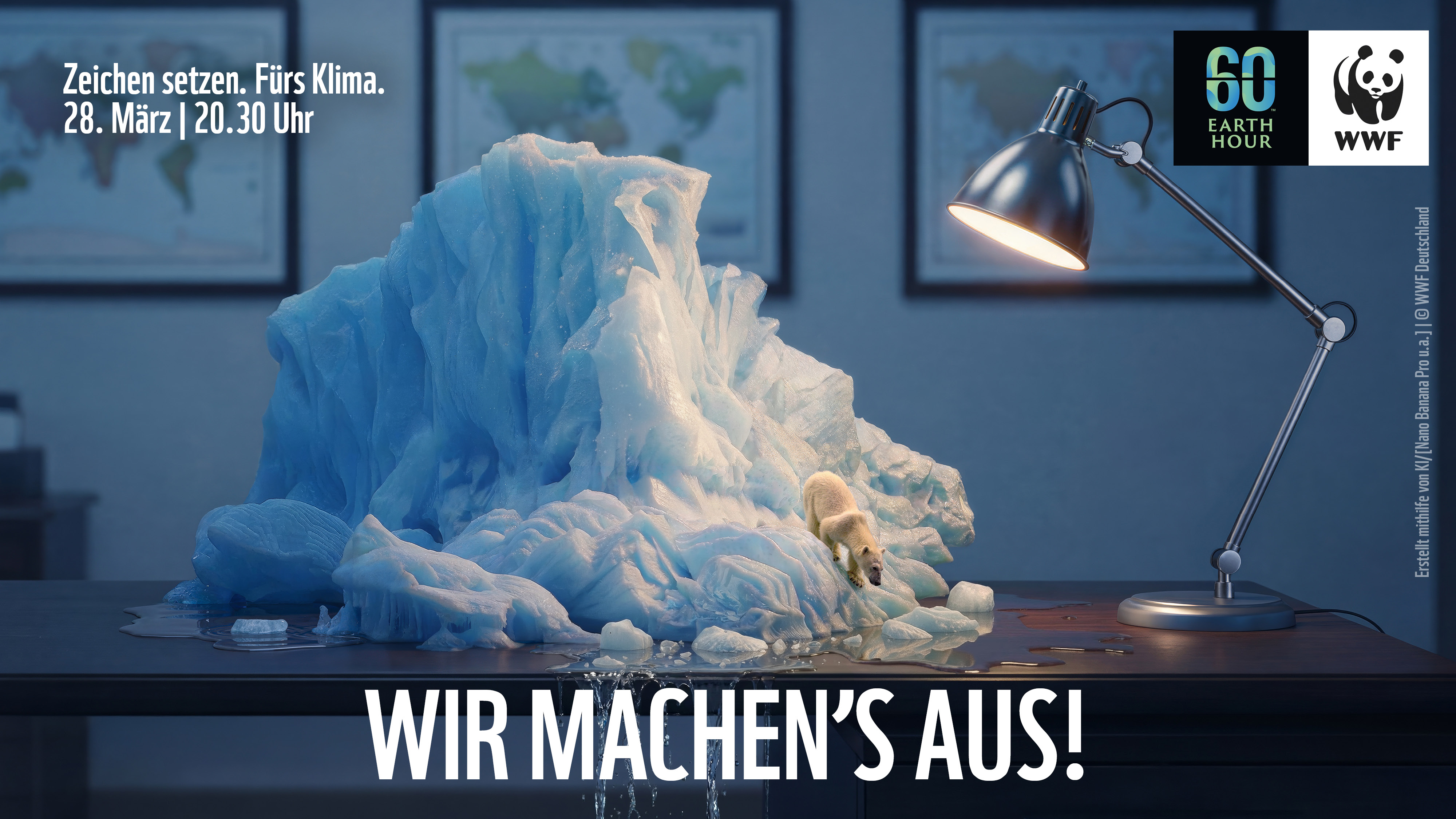 Earth Hour 2026 Symbolisch liegt ein schmelzender Eisblock mit einem Eisbären auf dem Schreibtisch. Hinweis auf die Earth Hour am 28. März 2026